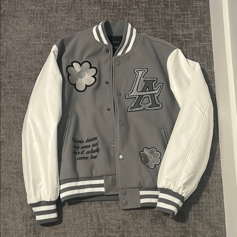 PacSun Gray and White Varsity Jacket
